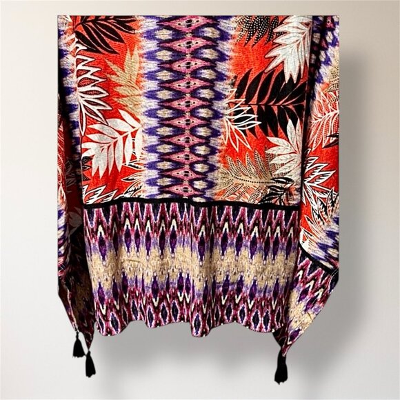 Ruby Rd M Linen Poncho Blouse Purple Orange Floral Tassel Boho Hippie Resort Top - Picture 6 of 10